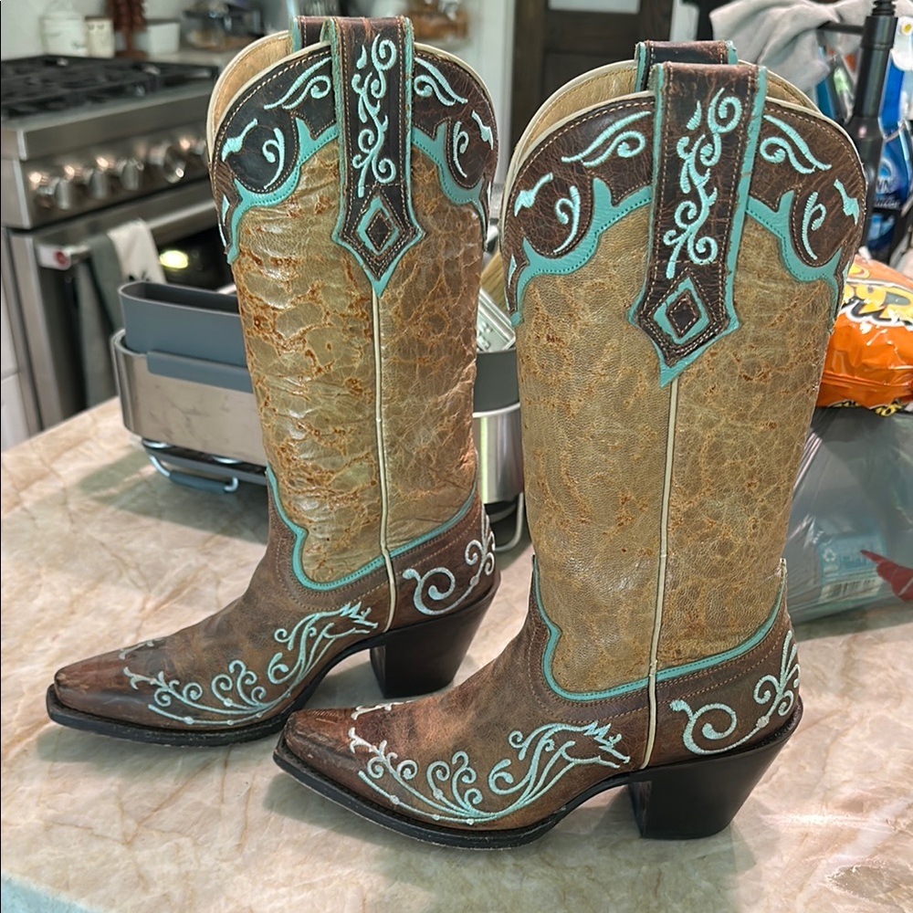 Brown and Turquoise Western Cowboy Boots